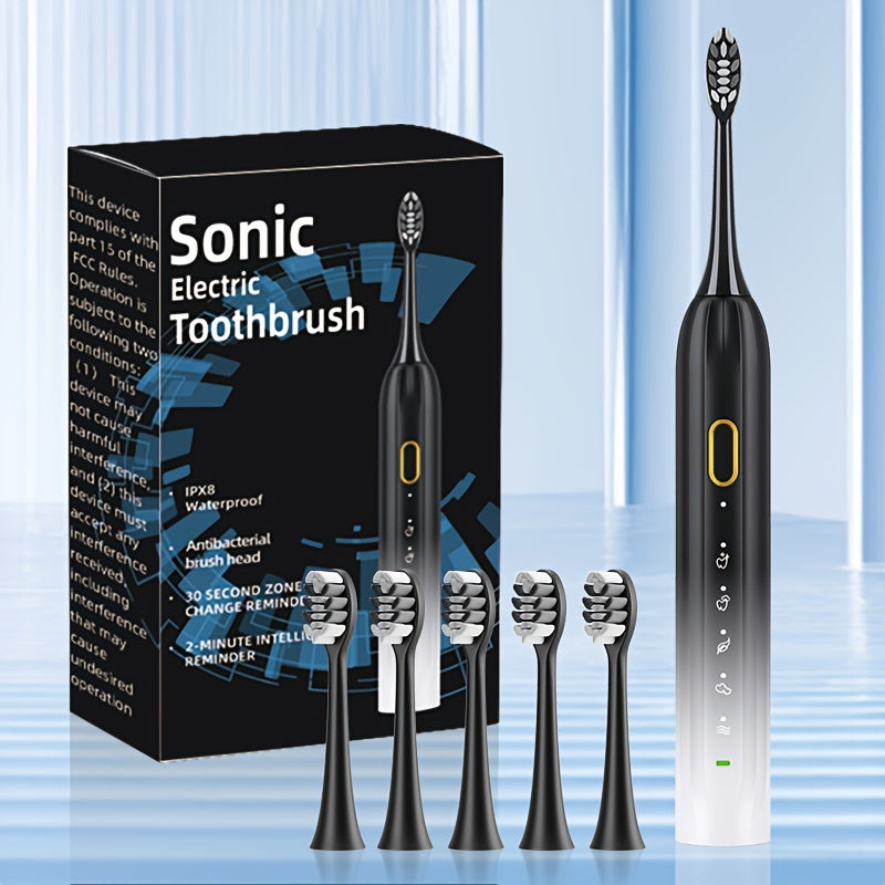 Sonic Electric Toothbrush IPX8 Waterproof USB Rechargeable 5 Replacement Brush Heads Smart 2-Minute Timer Metal Shaft Adults Men Women Couple Oral Care Black Pink Green