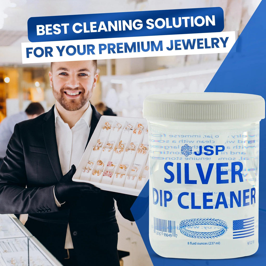 JSP Silver Dip Cleaner & Tarnish Remover 8oz Kit – 925 & 999 Sterling Silver Jewelry Cleaning Solution with Basket & Microfiber Cloth, Restores Shine