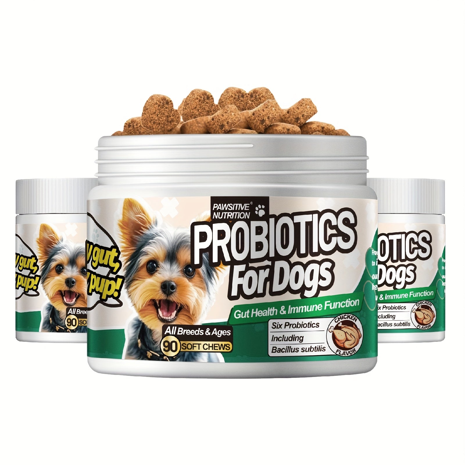 Dog Probiotic Soft Chews 90 Count Chicken Flavor Supports Gut Health Digestion Stool Quality All Breeds Daily Supplement 1 or 3 Bottle Pack
