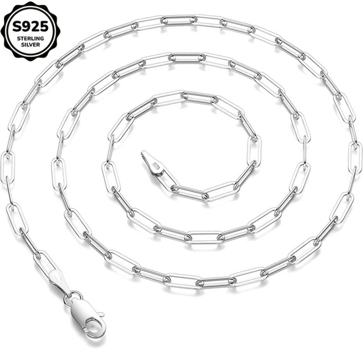 925 Sterling Silver Paperclip Chain Necklace for Women & Men – 3mm Thick Bohemian Style with Synthetic Stone, 20/22/24 Inch, Gift Box Included, Durable Everyday Jewelry for Daily Wear & Gifting