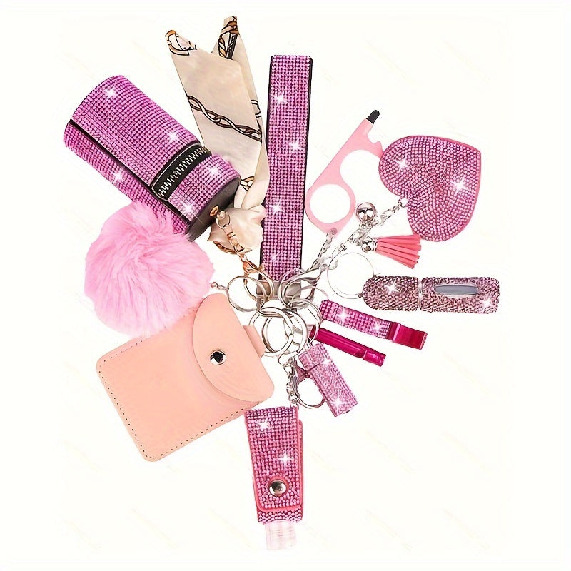 Rhinestone Keychain Set for Women 11 Piece – Multifunctional Keyring with Card Holder Pill Bottle Whistle Perfume Bottle Storage Bag & Quote Charms Gift for Her