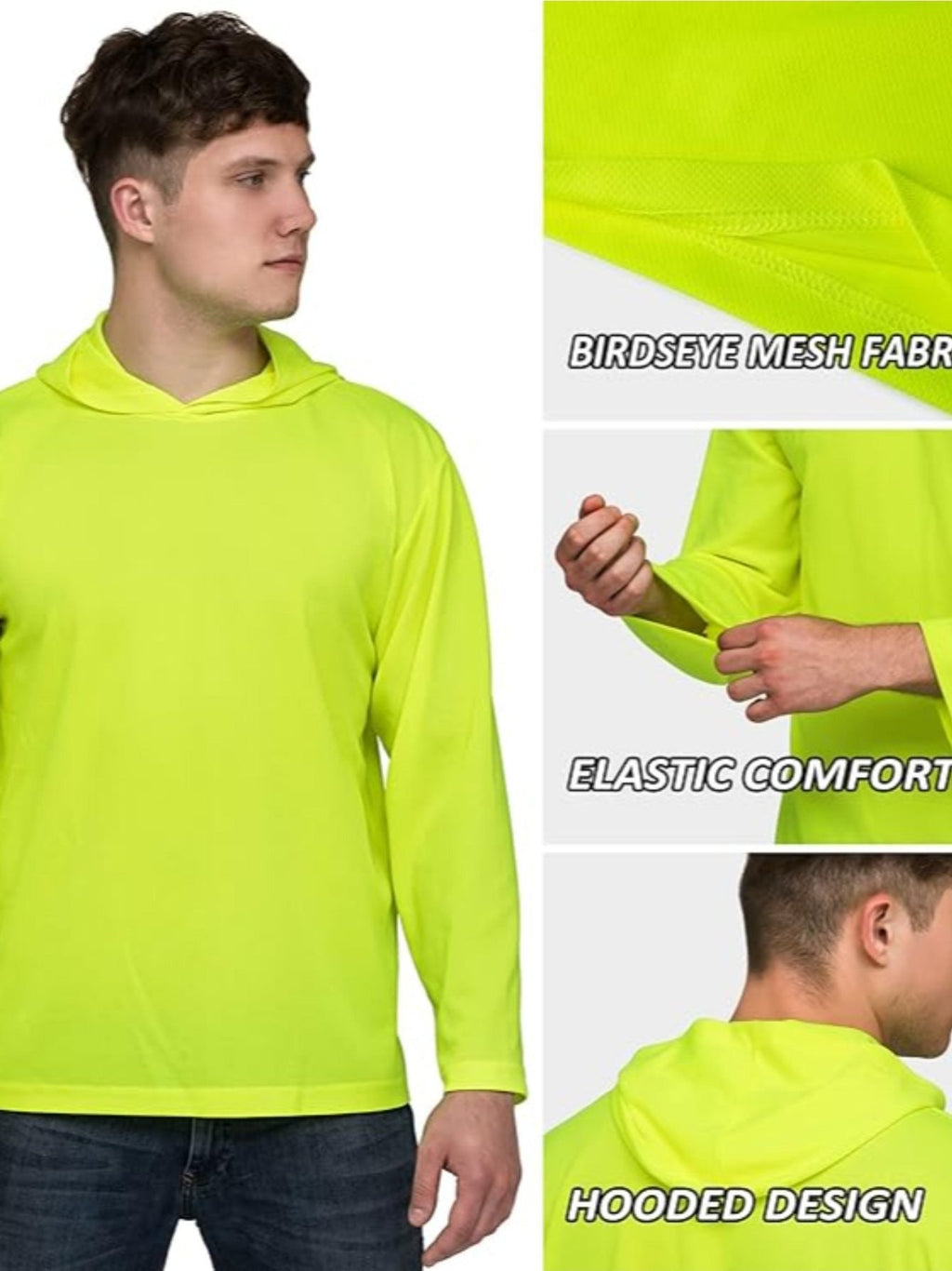 Men's UPF 50+ Sun Protection Hoodie Shirt 3-Pack Long Sleeve Moisture-Wicking Quick-Dry Breathable Outdoor Performance T-Shirt for Hiking Fishing Running – Sizes S to XXXL, Fluorescent Yellow
