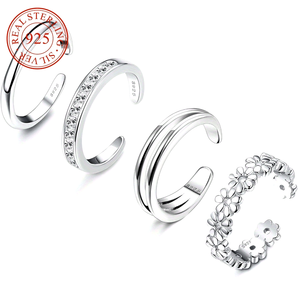 Sterling Silver Toe Ring Set 4pcs 925 Adjustable – Daisy Flower CZ Cubic Zirconia Open Band Boho Beach Rings for Women, Lightweight 6g Finger Thumb Tail Toe Jewelry Perfect Vacation Gift for Her