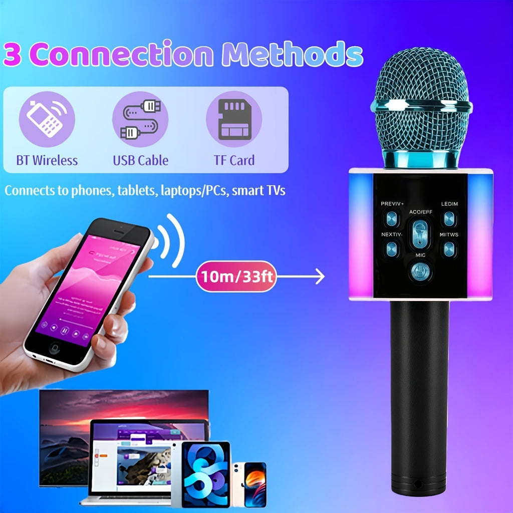 5-in-1 Wireless Karaoke Microphone with Built-In Speaker, LED Lights & Voice Changer – Portable Bluetooth Singing Mic for Parties, Family Gatherings, Travel & Outdoor Fun, 10 Colors