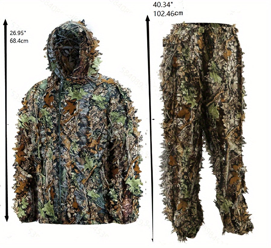 Men's Ghillie Suit 3D Leaf Camo Lightweight Hooded Jacket & Pants Set – Breathable 3D Camouflage Hunting Clothes for Deer Turkey Bow Hunting & Wildlife Photography, 0.95 lb Full Body Concealment Suit