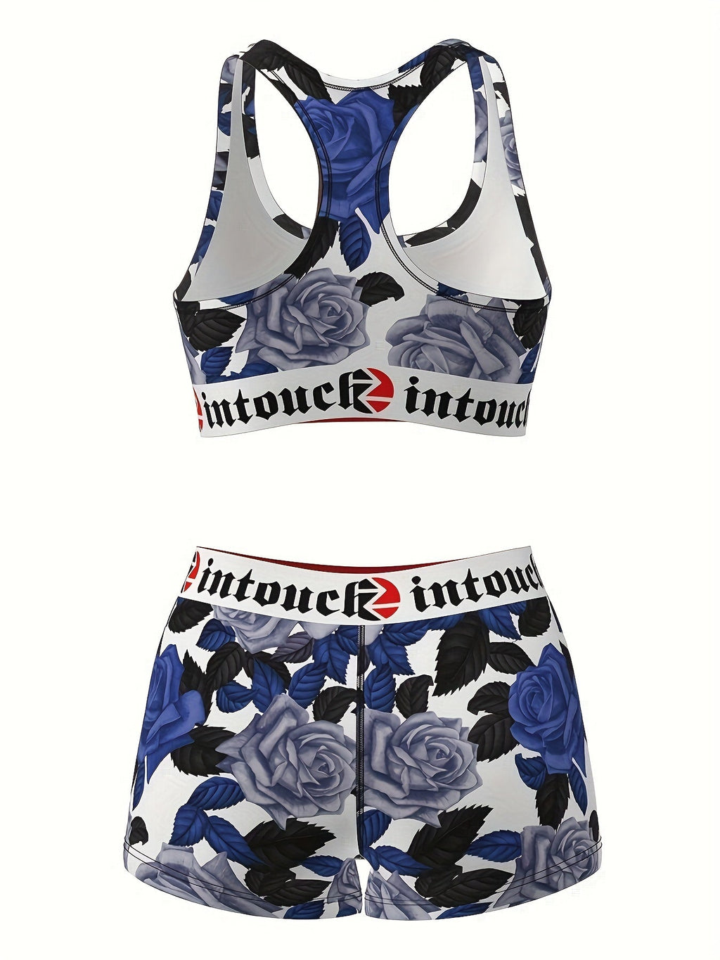 Women's Blue Rose Floral Print Sports Bra & Shorts Set 2-Piece – Stretchy Activewear Gym Yoga Running Fitness Outfit Matching Loungewear for Teens Summer Festival Vintage Style