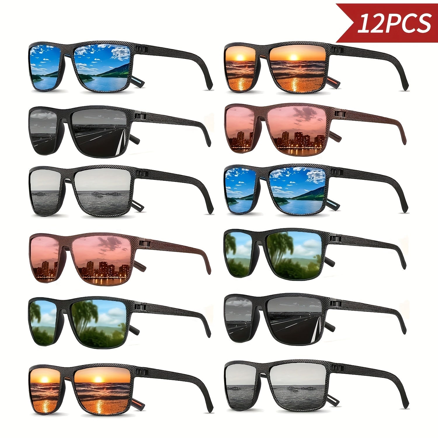 12 Pairs Fashion Sunglasses Bulk Set for Men & Women – Square Retro PC Frame Assorted Colors, UV Protection Party Favors, Beach, Festival & Bachelorette Eyewear Gift