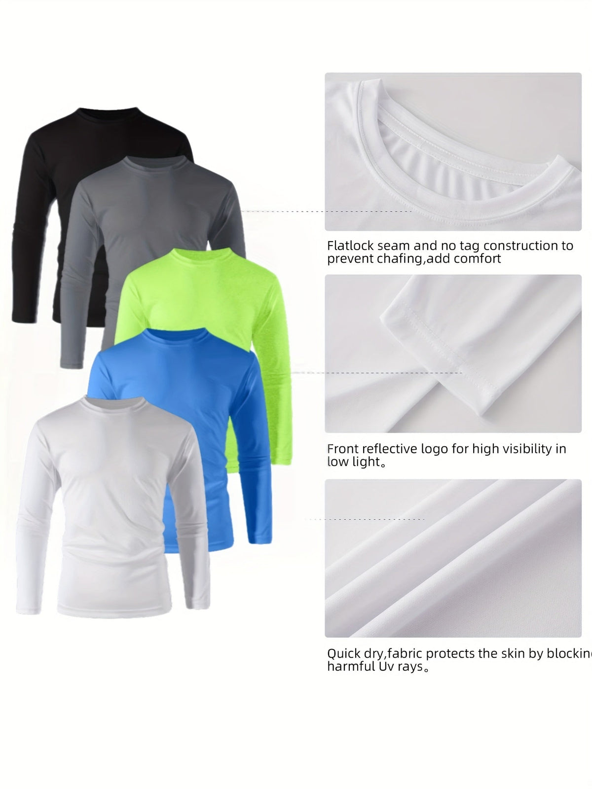 Men's Long Sleeve Shirts 5 Pack – Quick Dry Moisture Wicking 100% Polyester Athletic Tee, S-3XL, Running Training Hiking Golf Casual Wear