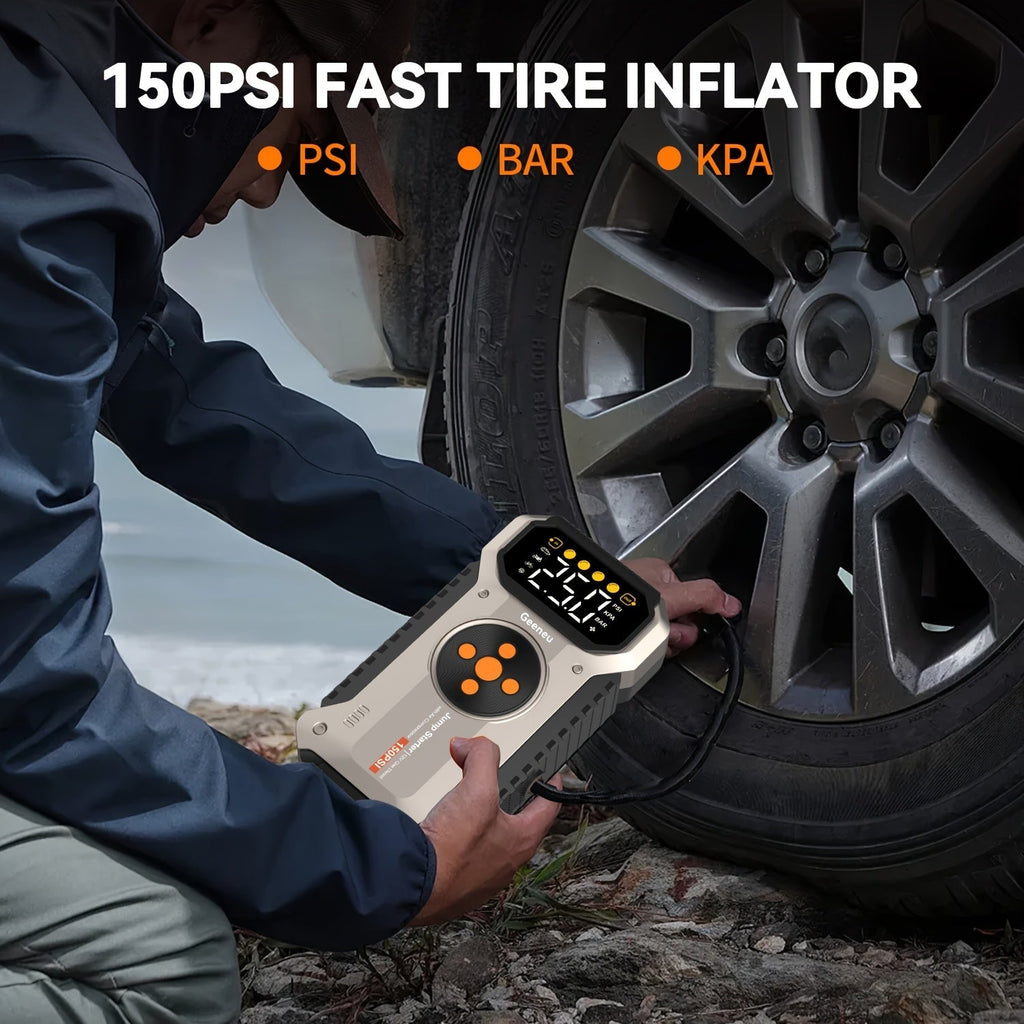 4000A Car Jump Starter with Air Compressor & Tire Inflator – All-in-One Portable Battery Booster for Gas & Diesel Engines, LED Light USB Power Bank Digital Display, Compact Emergency Car Starter
