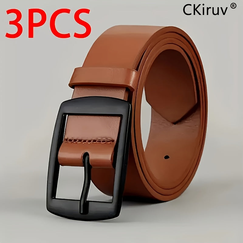 PU Faux Leather Belt for Men 3 Pack – Casual Alloy Buckle Jeans Belt Set in Black Brown Khaki Sizes 110cm 120cm 130cm, Versatile Everyday Belt Gift for Him