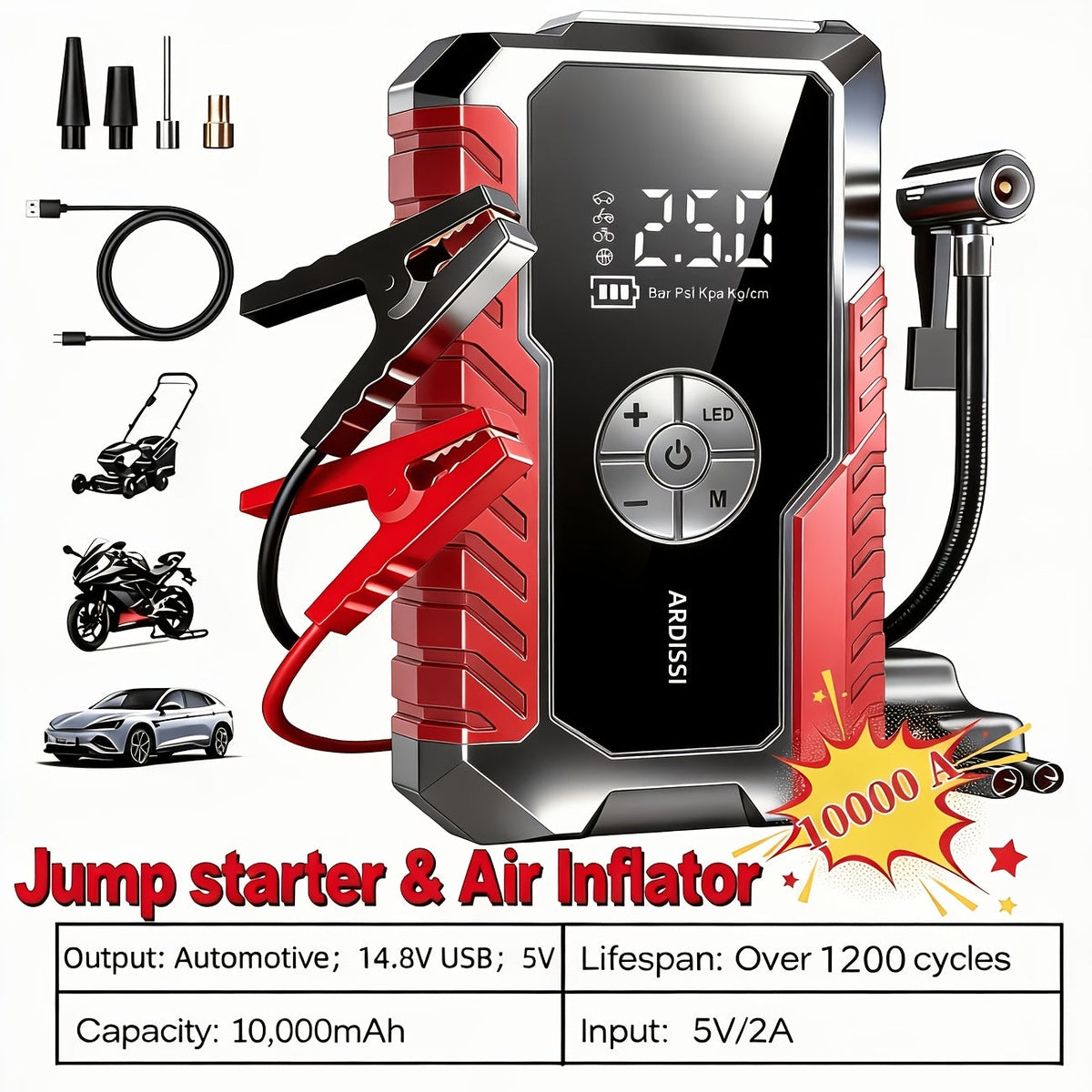 Portable Car Jump Starter 7-in-1 10000mAh 5000A Peak – 150PSI Digital Tire Inflator, LED Emergency Light & USB Charging for 12V Gas & Diesel Trucks SUVs Motorcycles – Holiday Gift for Men