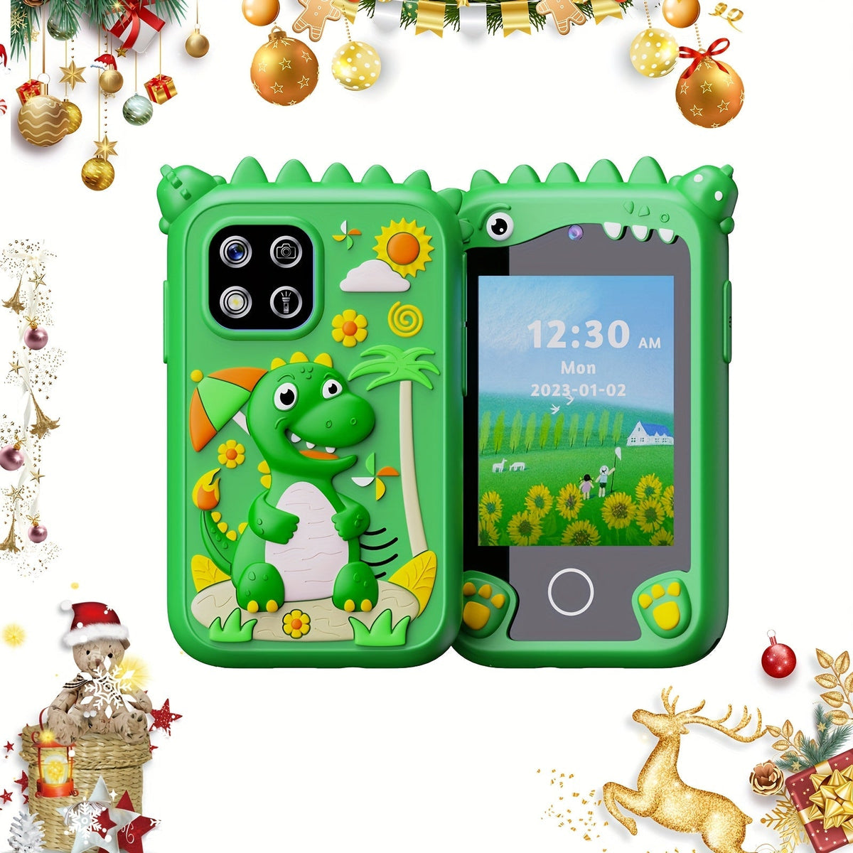 Kids Smart Phone Toy Dinosaur Design HD Touchscreen Dual Camera 8GB SD Card Play Cell Phone for Boys Girls Ages 3 and Up Travel Toy Birthday Easter Halloween Christmas Gift Green Purple