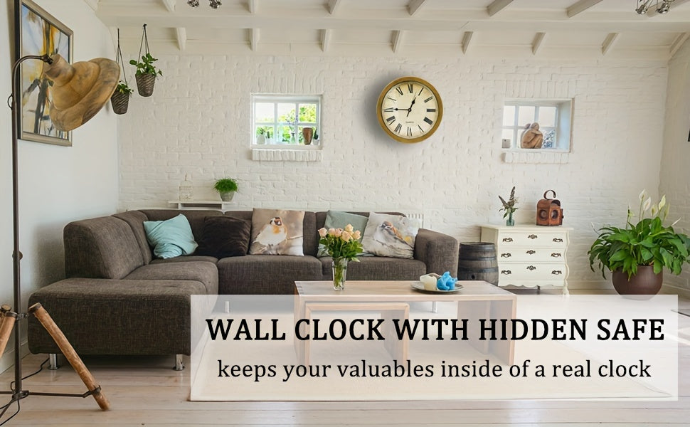 Wall-Mounted Diversion Safe Clock Hidden Secret Compartment Storage for Cash Coins Jewelry Valuables Silent Wall Clock Home Office Security Golden Black Silver