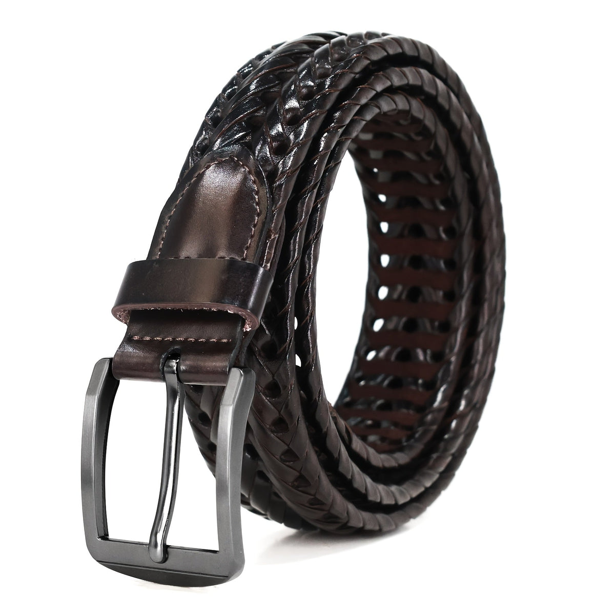 Men's Leather Braided Belt – Woven Hollow Design with Gold Zinc Alloy Buckle, Casual Dress Belt for Golf Pants Jeans Everyday Wear, Sizes 34" to 50", Great Gift for Dad