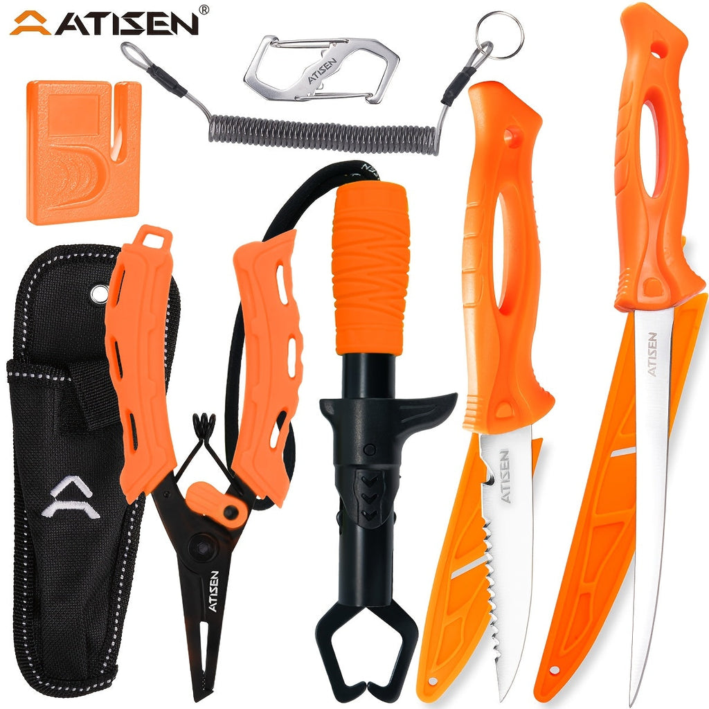 Professional Fishing Knife Set 10/16PCS Fillet & Boning Knife with Road Runner Pliers Fish Lip Gripper Knife Sharpener Retractable S-Buckle Harness, Dishwasher Safe V-Grind Blade - Gift for Fishermen