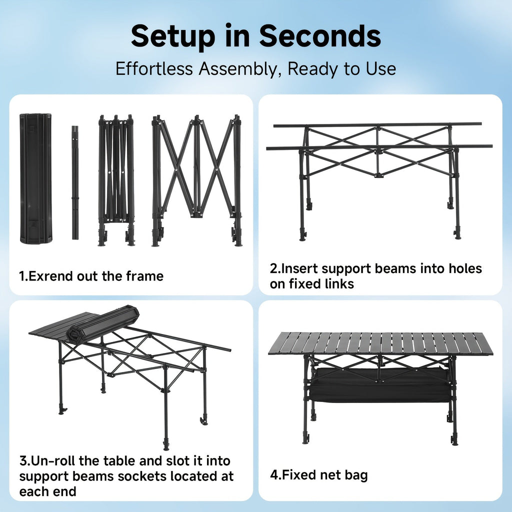 Portable Folding Camping Table Aluminum Lightweight Outdoor Picnic Table with Mesh Storage Bag & Carry Bag – Height Adjustable 37.4", Easy to Store, for Camping, Beach, Backyard, BBQ, Party & Patio