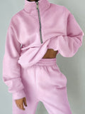Fleece Two-Piece Set Women Sporty Street Casual Sweatshirt Pants Soft Cozy Matching Loungewear 10 Colors Pink Blue Black Purple Olive Green S-XXL
