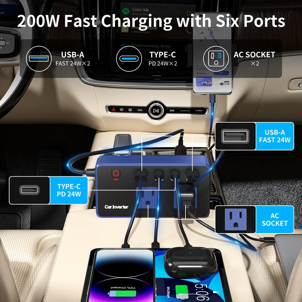 200W Car Power Inverter DC 12V to 110V AC with PD 24W USB-C & QC 24W Quick Charge Dual Fast Charging Vehicle Adapter for Laptop Car Office Work Camping Road Trip