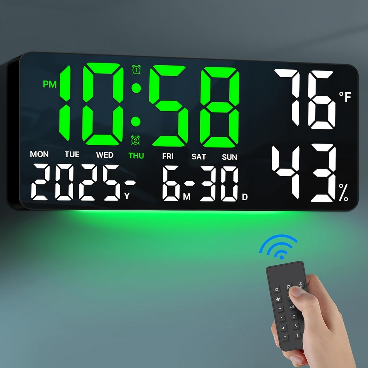 Large Screen LED Alarm Clock with Auto-Dimming Remote Control – 15 Inch Digital Clock Displays Time, Date, Week, Temperature & Humidity – Bedroom Bedside Clock for Seniors, Living Room, Office Desk