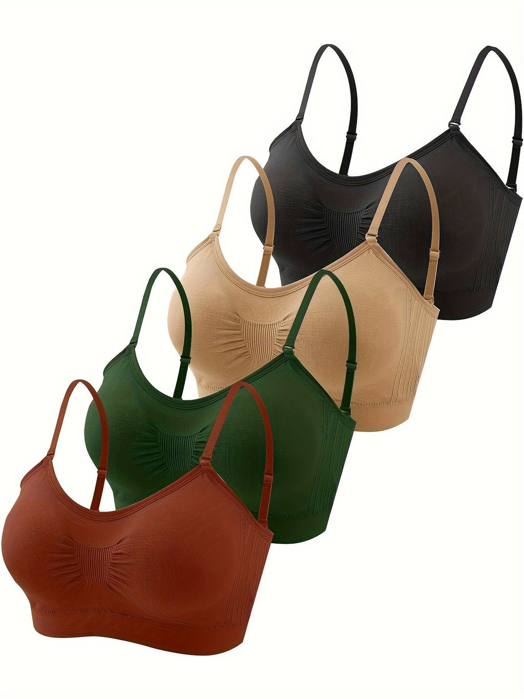 V-Neck Padded Bralette Cami Bra 4 Pack – Wireless Tank Top Sports Bra with Adjustable Straps for Women, Soft Padded Everyday Bralette Set, Sizes S-XL, Colors Rust, Beige, Green, Blue