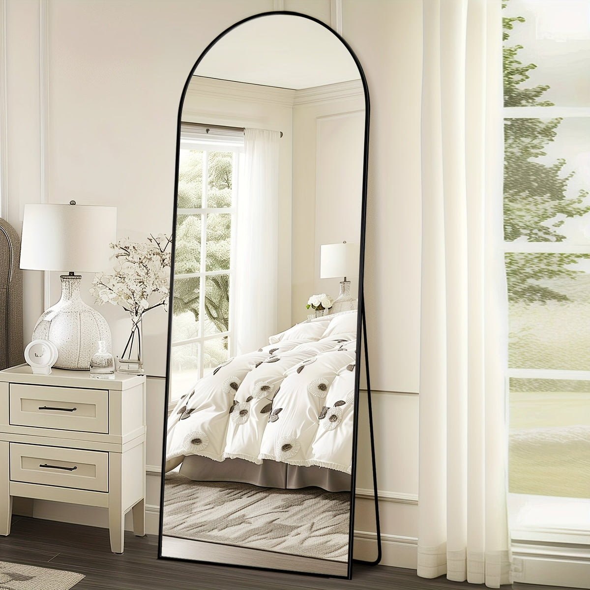 Arched Full Length Floor Mirror Freestanding Full Body Standing Mirror with Stand for Bedroom Living Room Cloakroom Wall Mountable 3 Sizes 2 Colors Black Gold