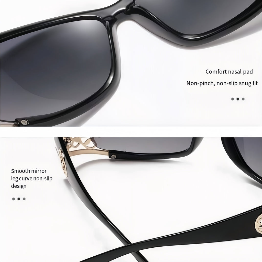 Polarized Sunglasses Women Oversized Square Frame UV400 Hollow Carved Temple – Retro Vintage Fashion Shades Driving Beach Outdoor, Ladies Eyewear Gift Black Blue Purple