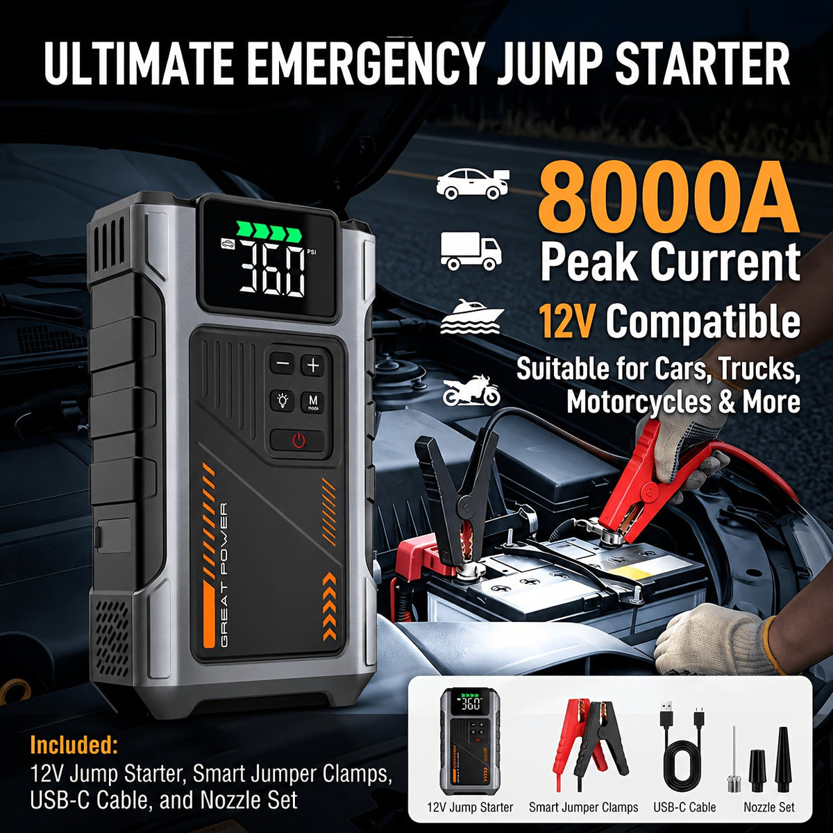8000A Portable Jump Starter with Air Compressor 12V Battery Booster for 8.0L Gas 6.5L Diesel Engines USB Charging Ports LED Flashlight Jump Box for Cars Trucks SUVs Motorcycles