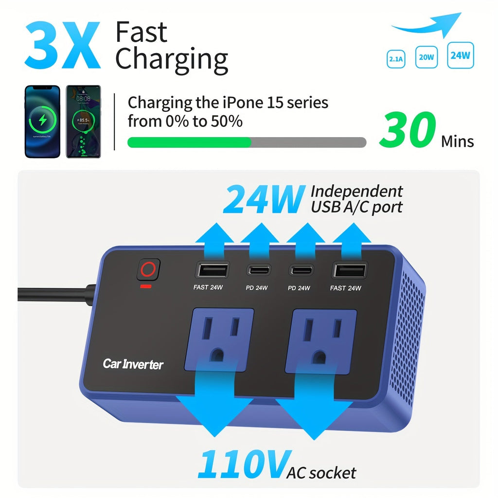 200W Car Power Inverter DC 12V to AC 110V with 24W USB-C Fast Charge & Dual USB-A 4.8A Ports Vehicle Outlet Adapter for Laptop Camping Travel Road Trip Power Converter