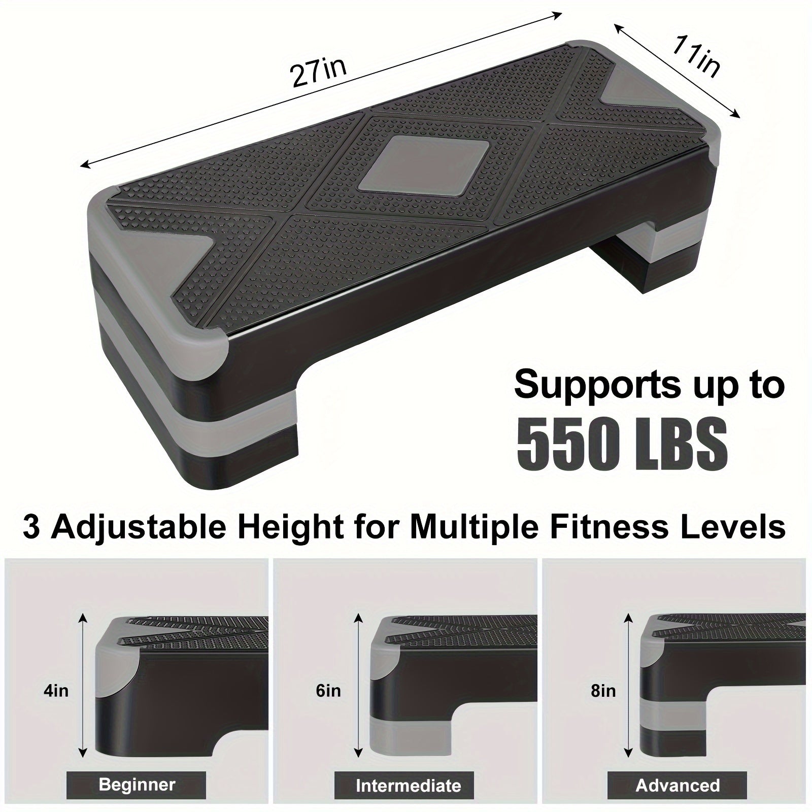Adjustable Aerobic Step Platform – 3 Height Settings (4"/6"/8"), Non-Slip Workout Stepper for Home Gym Cardio Training, Step Aerobics Exercise Board (6 Colors)