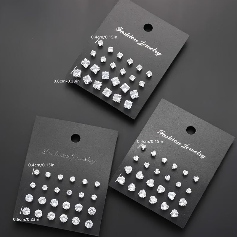 72-Piece Sparkling Zircon Stud Earrings Set – Geometric Heart Round Square CZ Crystal Earring Pack for Women Men Hypoallergenic Fashion Jewelry Gift Birthday Valentine's Day