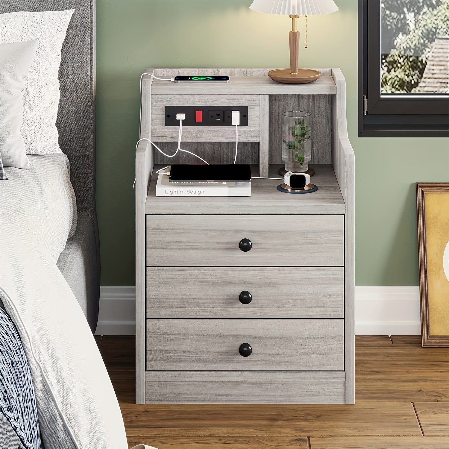 Nightstand with Charging Station 2 USB Ports 2 Outlets - 3 Drawers Hutch Bedroom End Table Sofa Side Table for Living Room Office Gray White 14x17.7x26.8 Inch