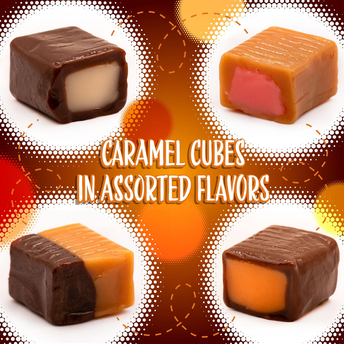 Caramel Cubes Filled Candy 3 Pound Bulk Bag – ~220 Individually Wrapped Assorted Flavors Strawberry, Chocolate, Orange, Vanilla & Mint, Perfect for Candy Dishes, Gifting & Baking