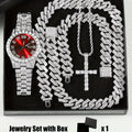 4pcs Rhinestone Watch & Cross Pendant Jewelry Set Quartz Analog Wrist Watch Necklace Bracelet Earrings Unisex Gift for Him Her Wedding