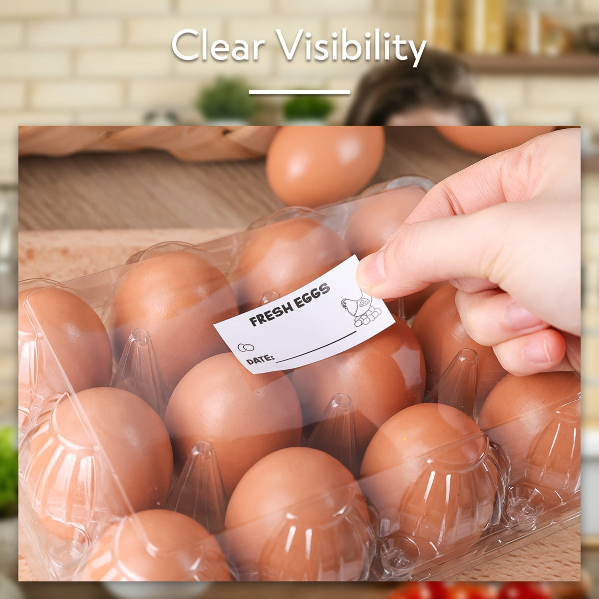 60-Pack Clear Plastic Egg Cartons 12-Cavity with Label Stickers – Bulk PET Egg Boxes for Home Kitchen, Ranch, Chicken Farm, Farmers Market & Refrigerator Storage, Holds Standard Dozen Eggs