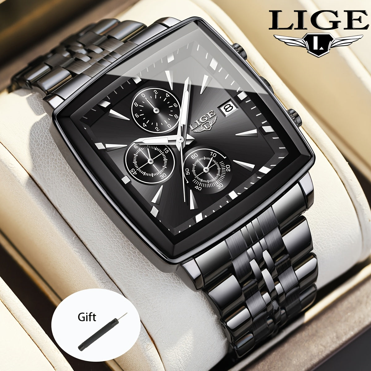 LIGE Men's Square Quartz Watch Stainless Steel Strap Calendar Display – Preppy Sport Fashion Wristwatch 8 Colors Rose Gold Black Blue, Birthday Graduation Gift for Men Teens