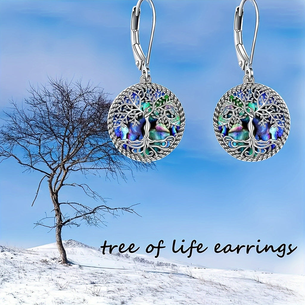 Tree of Life Abalone Shell Dangle Earrings 925 Sterling Silver – Boho Spiritual Iridescent Drop Earrings for Women, Hypoallergenic Nature Jewelry Perfect Birthday Mother's Day Gift for Her