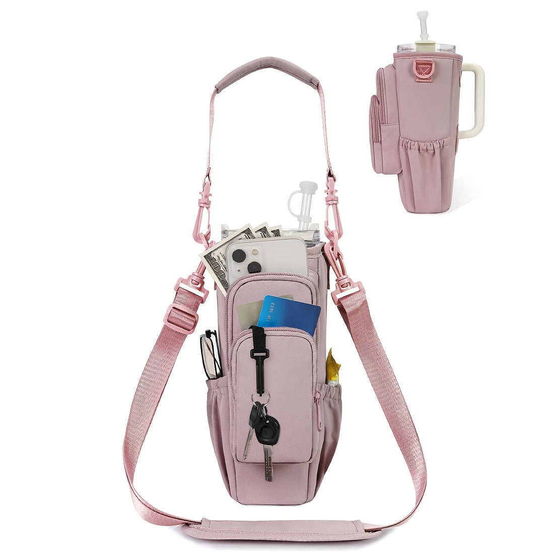 40oz Insulated Water Bottle Sling Bag with Straw Lid & Handle – Hands-Free Carrier with Phone Pocket Zippered Compartments Adjustable Strap for Dog Walking Gym Travel Outdoor Men Women