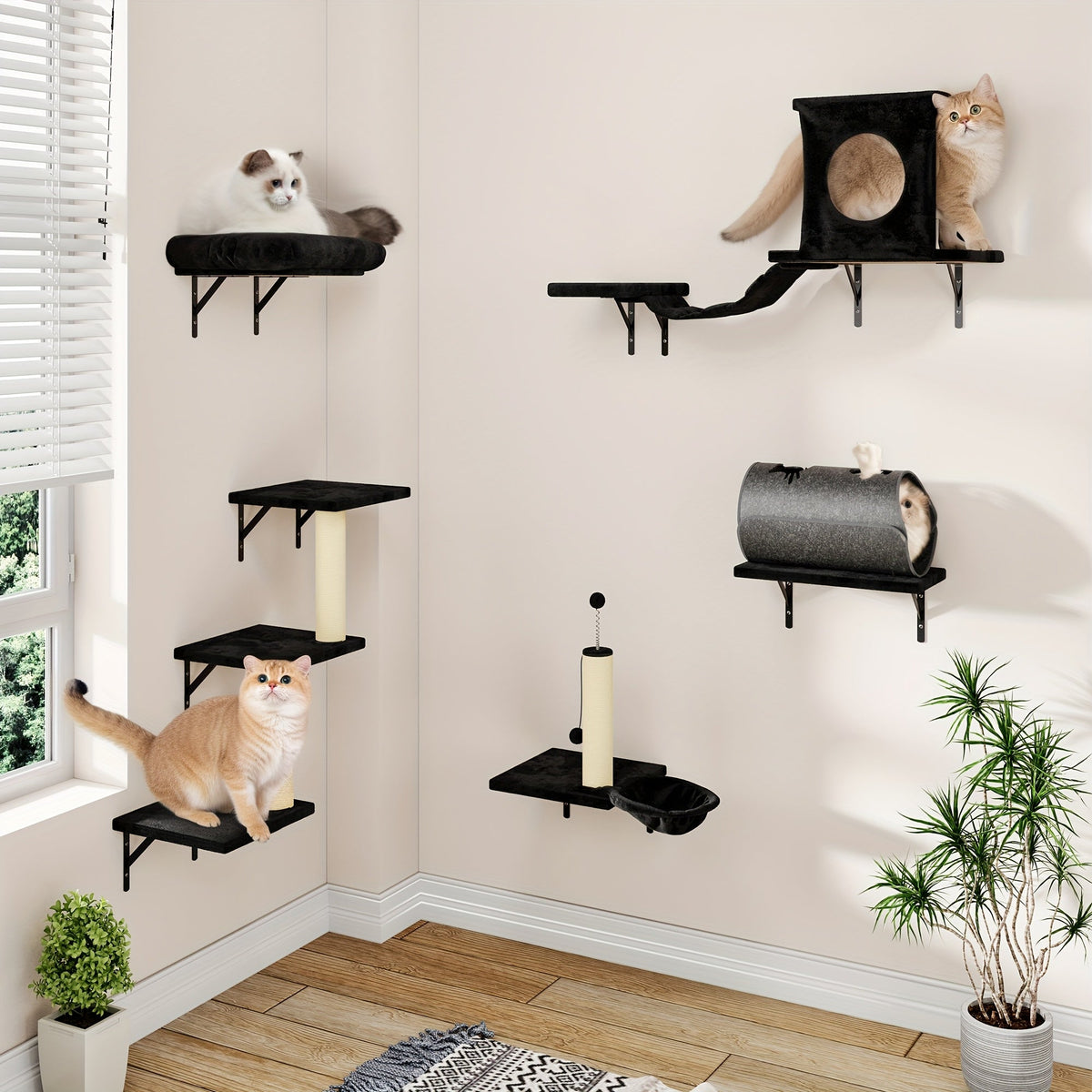 Wall Mounted Cat Climbing Shelf Set 7-Piece Deluxe Indoor Cat Furniture with Condo Scratching Post Bridge Ladder Tunnel – Space-Saving Cat Wall Playground for All Cat Sizes