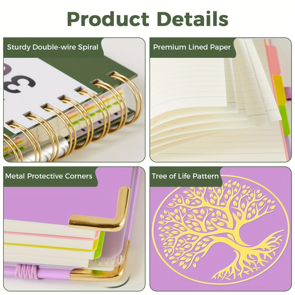 A5 Hardcover 5-Subject Spiral Notebook 300 College-Ruled Pages with Removable Divider Tabs Built-In Pocket 6.1x8.4 Inch Lined Journal for Students Work School Note Taking Purple Green Pink Black