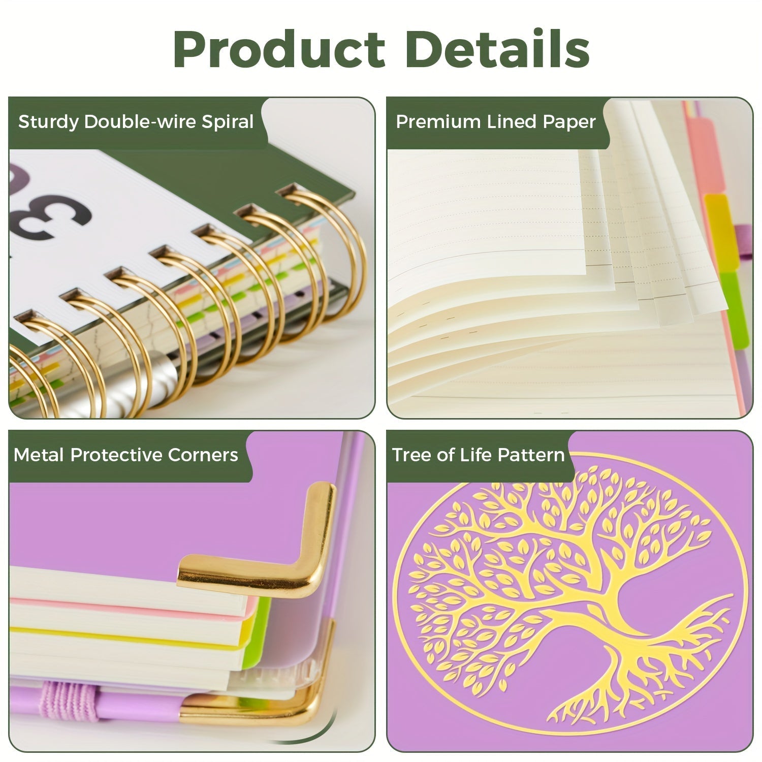 A5 Hardcover 5-Subject Spiral Notebook 300 College-Ruled Pages with Removable Divider Tabs Built-In Pocket 6.1x8.4 Inch Lined Journal for Students Work School Note Taking Purple Green Pink Black