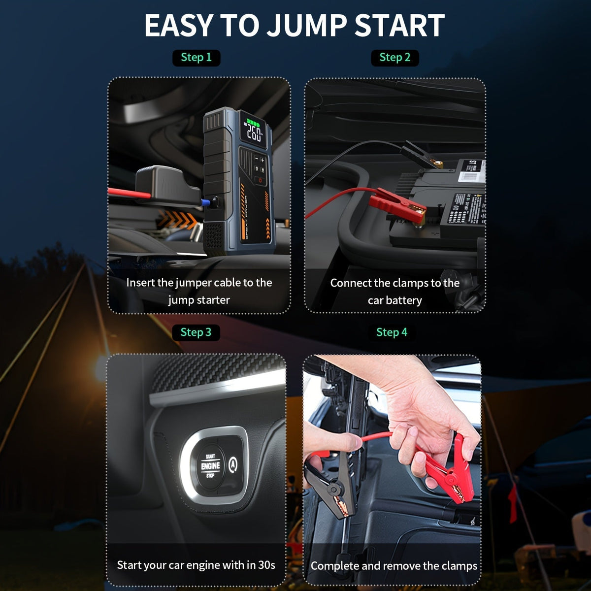 4000A Car Jump Starter with Air Compressor & Tire Inflator – All-in-One Portable Battery Booster for Gas & Diesel Engines, LED Light USB Power Bank Digital Display, Compact Emergency Car Starter