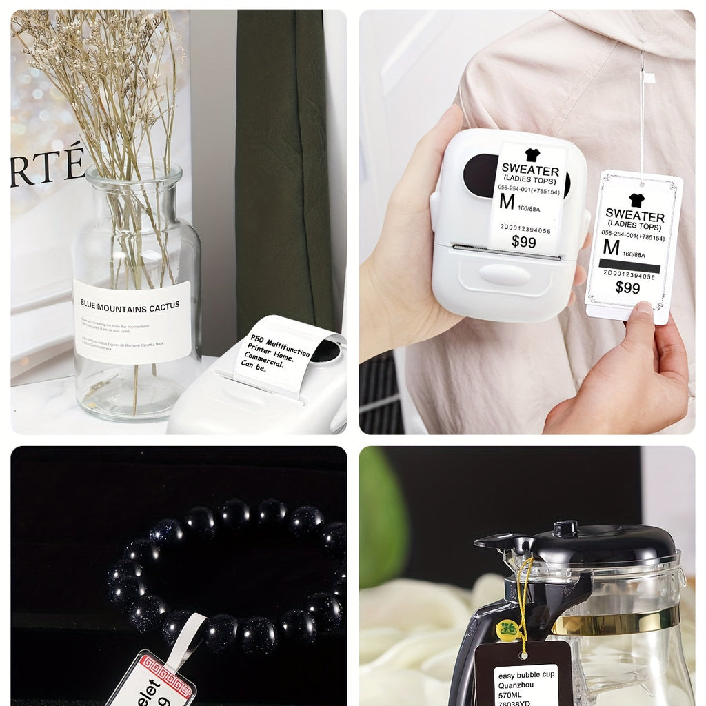 P50 Portable Bluetooth Thermal Label Printer – Wireless Mini Label Maker for Home, Office, Retail, Clothing, Jewelry & Food, Compatible with Android & iOS, Includes 40x30mm White Label Roll