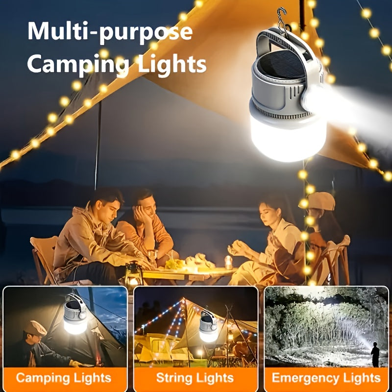 Solar Rechargeable LED Camping Lantern 6 Modes - USB Power Bank, Hook, 4-8 Hour Battery, Portable Outdoor Light for Tent Camping, Hiking, Mountaineering & Emergency