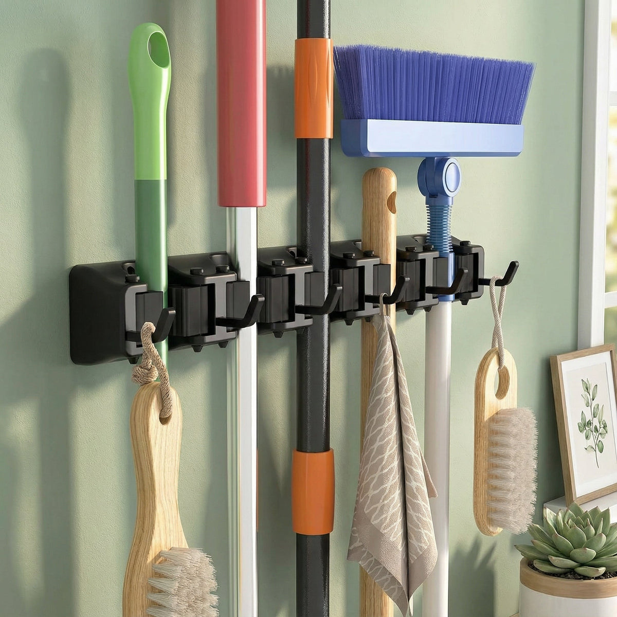 Wall-Mounted Mop and Broom Holder Organizer 5 Slots 6 Hooks Heavy-Duty Non-Slip Cleaning Tool Rack for Home Garage Kitchen Laundry Room Boat – Easy Install on Any Surface