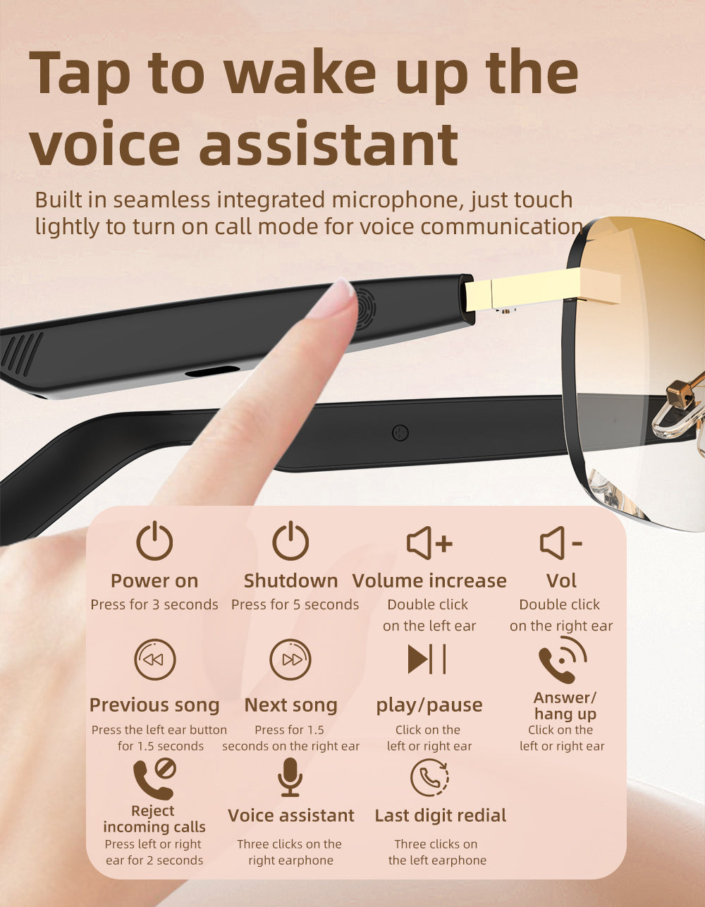 Bluetooth Smart Glasses Touch Controls Open Ear Audio – Integrated Mic Hands-Free Calls & Music UV Protection Polarized Lens for Outdoor Sports, Driving & Everyday Wear