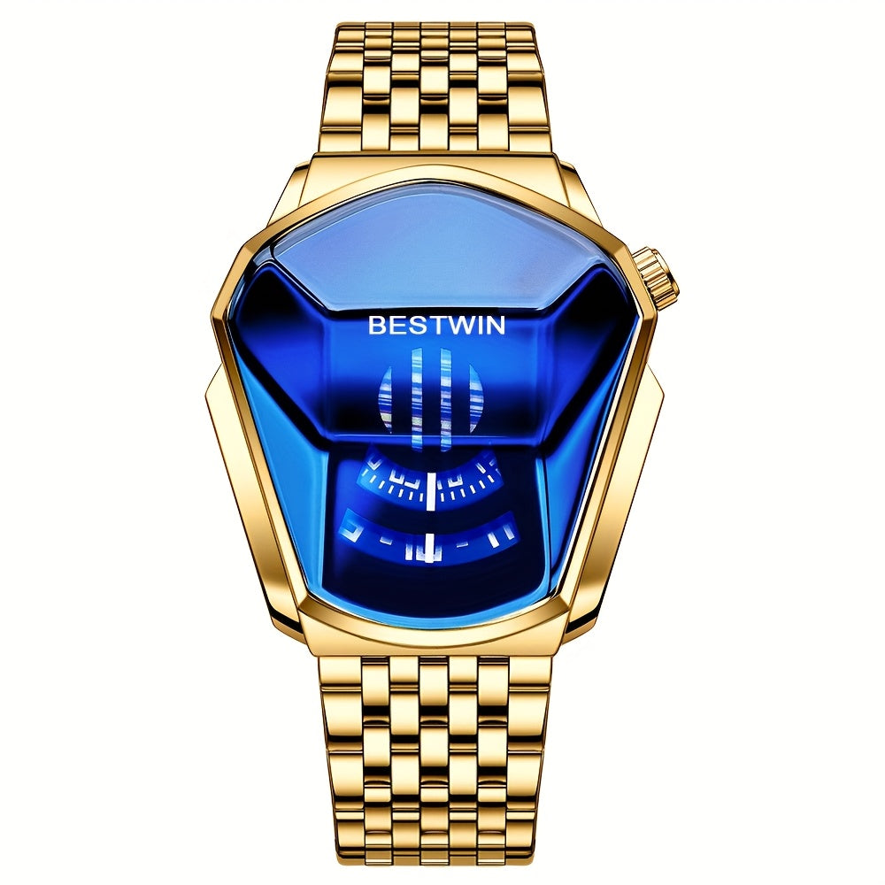 Men's Dashboard Dial Quartz Watch with Blue Rhinestone Face & Steel Strap – Fashion Business Wristwatch for Men, Gold & Black, Gift for Him