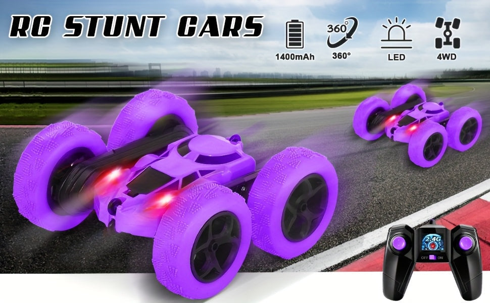 Double-Sided RC Stunt Car for Kids Ages 6+ – 2.4GHz 4WD 360° Flip Remote Control Car with LED Headlights, 1400mAh Rechargeable Battery, All-Terrain Stunt Vehicle, Birthday Christmas Gift
