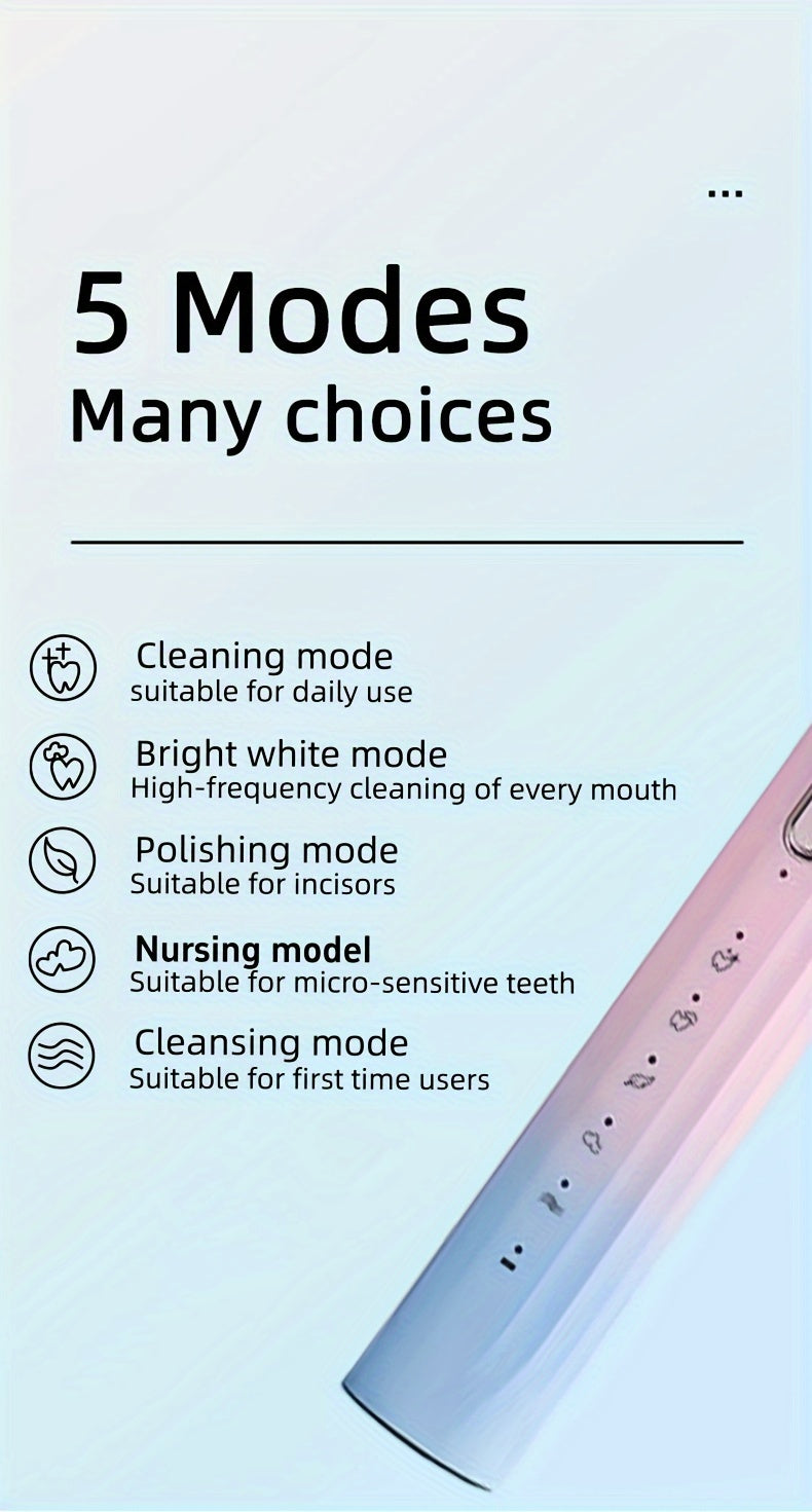 Sonic Electric Toothbrush IPX8 Waterproof USB Rechargeable 5 Replacement Brush Heads Smart 2-Minute Timer Metal Shaft Adults Men Women Couple Oral Care Black Pink Green