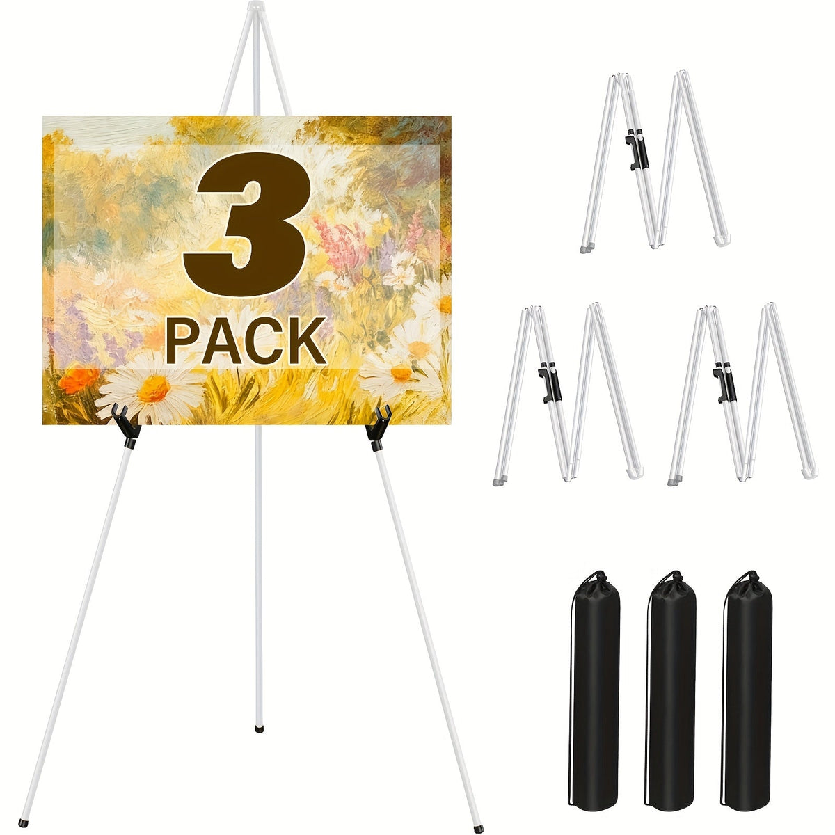 63 Inch Portable Tripod Easel Stand Foldable with Carrying Bag – Adjustable Metal Floor Easel for Wedding Signs Art Posters Painting Trade Shows Events – Black White Gold Silver Pink Single 2-Pack 3-Pack
