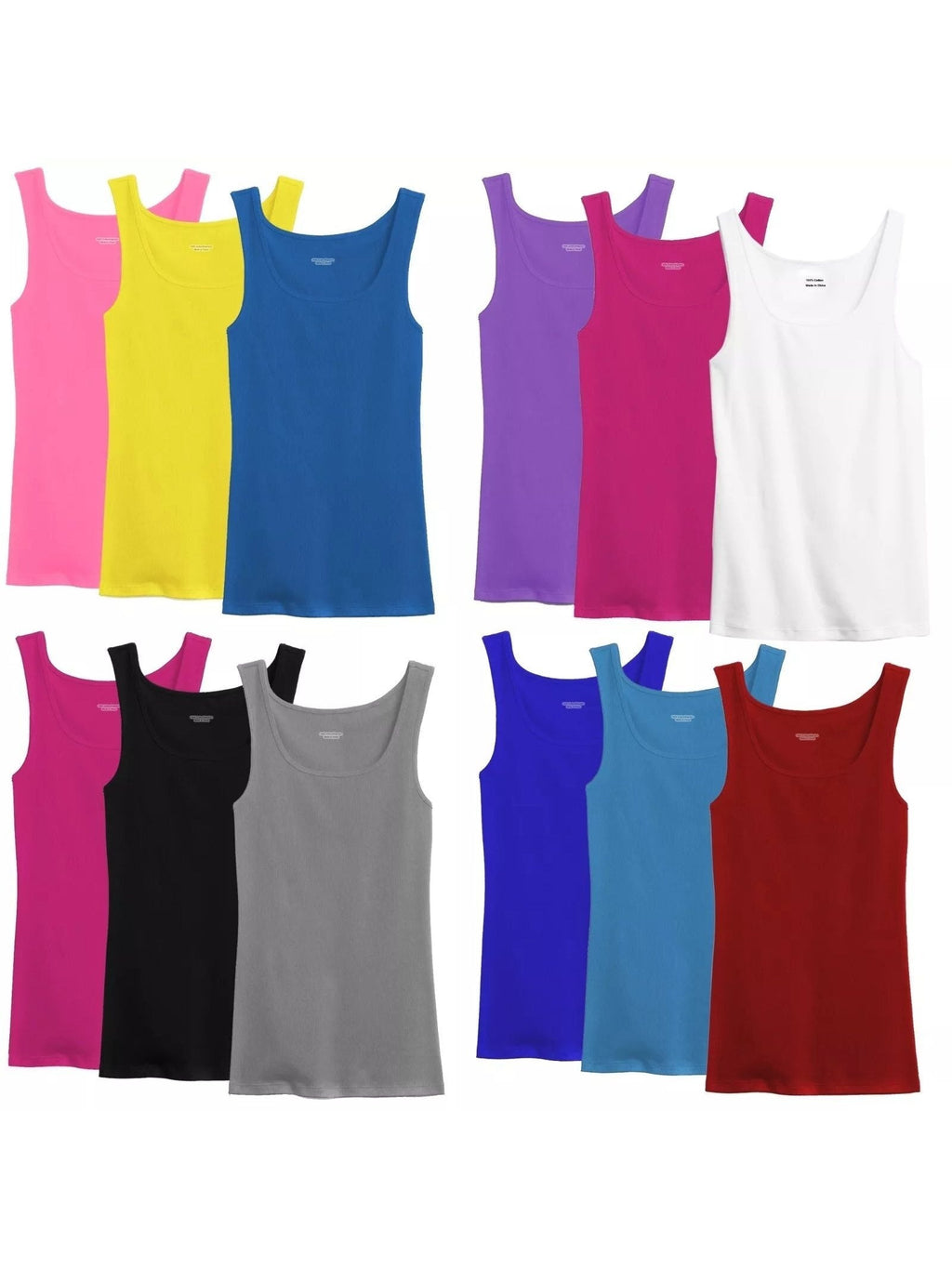 100% Cotton Ribbed Tank Top Women Tagless Sleeveless Undershirt Round Neck Multipack 3 6 9 12 Pcs Random Colors S-XXL